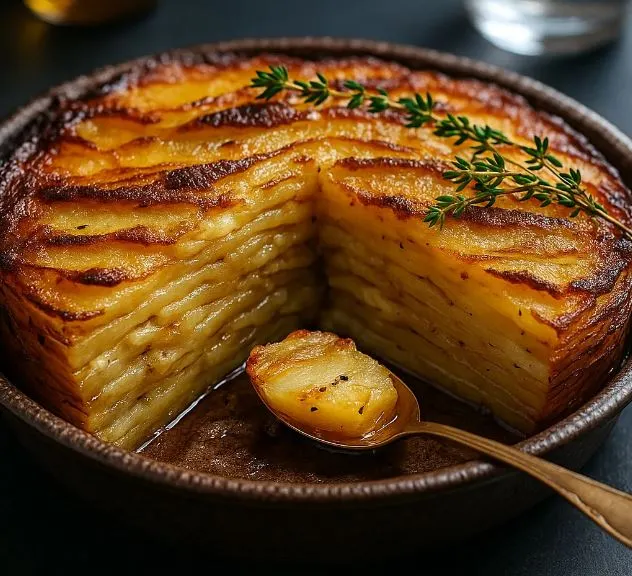 Gratin de pomme de terre croustillant et fondant dans un plat en céramique, sorti du four
