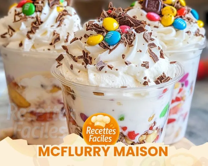 Coupe de McFlurry maison crémeux garnie de toppings colorés, photo prise en lumière naturelle dans une cuisine cosy.