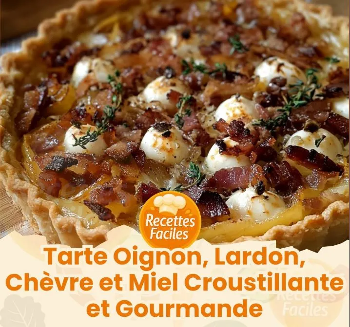 Tarte oignon, lardon, chèvre et miel dorée, servie chaude avec salade verte