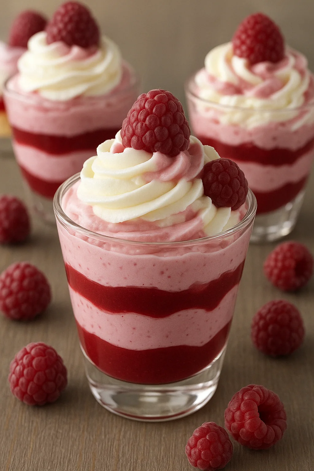 Verrines framboise mascarpone servies en couches élégantes avec éclats de meringue